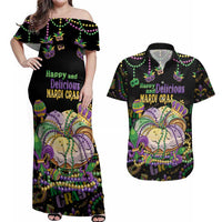 Happy And Delicious Mardi Gras Couples Matching Off Shoulder Maxi Dress and Hawaiian Shirt King Cake And Luxury Beadeds - Wonder Print Shop