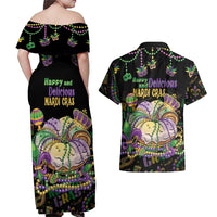 Happy And Delicious Mardi Gras Couples Matching Off Shoulder Maxi Dress and Hawaiian Shirt King Cake And Luxury Beadeds - Wonder Print Shop