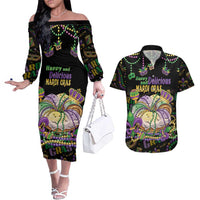 Happy And Delicious Mardi Gras Couples Matching Off The Shoulder Long Sleeve Dress and Hawaiian Shirt King Cake And Luxury Beadeds - Wonder Print Shop