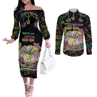 Happy And Delicious Mardi Gras Couples Matching Off The Shoulder Long Sleeve Dress and Long Sleeve Button Shirt King Cake And Luxury Beadeds