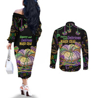 Happy And Delicious Mardi Gras Couples Matching Off The Shoulder Long Sleeve Dress and Long Sleeve Button Shirt King Cake And Luxury Beadeds