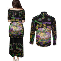 Happy And Delicious Mardi Gras Couples Matching Puletasi and Long Sleeve Button Shirt King Cake And Luxury Beadeds - Wonder Print Shop