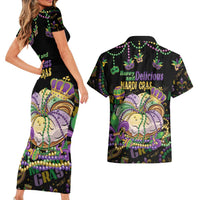 Happy And Delicious Mardi Gras Couples Matching Short Sleeve Bodycon Dress and Hawaiian Shirt King Cake And Luxury Beadeds - Wonder Print Shop