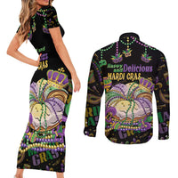 Happy And Delicious Mardi Gras Couples Matching Short Sleeve Bodycon Dress and Long Sleeve Button Shirt King Cake And Luxury Beadeds - Wonder Print Shop