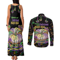 Happy And Delicious Mardi Gras Couples Matching Tank Maxi Dress and Long Sleeve Button Shirt King Cake And Luxury Beadeds - Wonder Print Shop