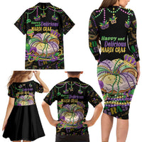 Happy And Delicious Mardi Gras Family Matching Long Sleeve Bodycon Dress and Hawaiian Shirt King Cake And Luxury Beadeds - Wonder Print Shop
