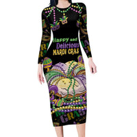 Happy And Delicious Mardi Gras Family Matching Long Sleeve Bodycon Dress and Hawaiian Shirt King Cake And Luxury Beadeds - Wonder Print Shop