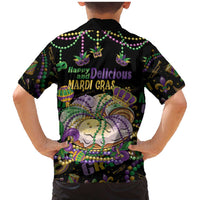 Happy And Delicious Mardi Gras Family Matching Mermaid Dress and Hawaiian Shirt King Cake And Luxury Beadeds - Wonder Print Shop
