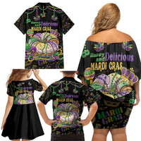 Happy And Delicious Mardi Gras Family Matching Off Shoulder Short Dress and Hawaiian Shirt King Cake And Luxury Beadeds - Wonder Print Shop