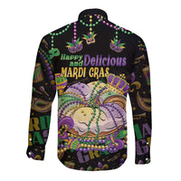 Happy And Delicious Mardi Gras Long Sleeve Button Shirt King Cake And Luxury Beadeds - Wonder Print Shop