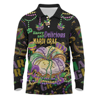 Happy And Delicious Mardi Gras Long Sleeve Polo Shirt King Cake And Luxury Beadeds - Wonder Print Shop