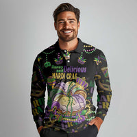 Happy And Delicious Mardi Gras Long Sleeve Polo Shirt King Cake And Luxury Beadeds - Wonder Print Shop