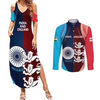 Custom India And England Cricket Couples Matching Summer Maxi Dress and Long Sleeve Button Shirt 2025 Men In Blue Three Lions Together - Wonder Print Shop