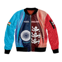 Custom India And England Cricket Sleeve Zip Bomber Jacket 2025 Men In Blue Three Lions Together - Wonder Print Shop