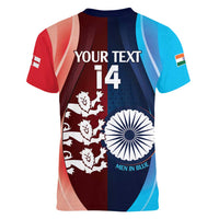 Custom India And England Cricket Women V-Neck T-Shirt 2025 Men In Blue Three Lions Together - Wonder Print Shop