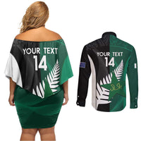 Custom New Zealand And Pakistan Cricket Couples Matching Off Shoulder Short Dress and Long Sleeve Button Shirt 2025 Black Cap Shaheens Together - Wonder Print Shop