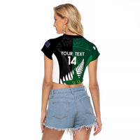 Custom New Zealand And Pakistan Cricket Raglan Cropped T Shirt 2025 Black Cap Shaheens Together - Wonder Print Shop