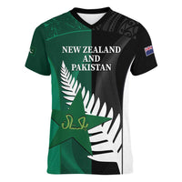 Custom New Zealand And Pakistan Cricket Women V-Neck T-Shirt 2025 Black Cap Shaheens Together - Wonder Print Shop