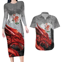 Wales Cardiff Capital Couples Matching Long Sleeve Bodycon Dress and Hawaiian Shirt Welsh Red Dragon Castell Caerdydd - Wonder Print Shop