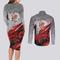 Wales Cardiff Capital Couples Matching Long Sleeve Bodycon Dress and Long Sleeve Button Shirt Welsh Red Dragon Castell Caerdydd - Wonder Print Shop