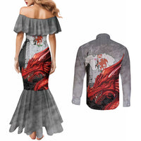 Wales Cardiff Capital Couples Matching Mermaid Dress and Long Sleeve Button Shirt Welsh Red Dragon Castell Caerdydd - Wonder Print Shop