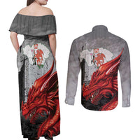 Wales Cardiff Capital Couples Matching Off Shoulder Maxi Dress and Long Sleeve Button Shirt Welsh Red Dragon Castell Caerdydd - Wonder Print Shop