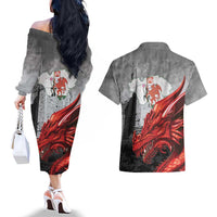 Wales Cardiff Capital Couples Matching Off The Shoulder Long Sleeve Dress and Hawaiian Shirt Welsh Red Dragon Castell Caerdydd - Wonder Print Shop