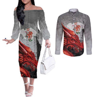 Wales Cardiff Capital Couples Matching Off The Shoulder Long Sleeve Dress and Long Sleeve Button Shirt Welsh Red Dragon Castell Caerdydd - Wonder Print Shop