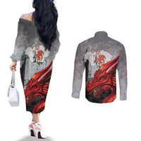 Wales Cardiff Capital Couples Matching Off The Shoulder Long Sleeve Dress and Long Sleeve Button Shirt Welsh Red Dragon Castell Caerdydd - Wonder Print Shop