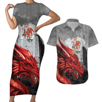 Wales Cardiff Capital Couples Matching Short Sleeve Bodycon Dress and Hawaiian Shirt Welsh Red Dragon Castell Caerdydd - Wonder Print Shop