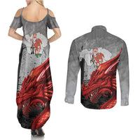 Wales Cardiff Capital Couples Matching Summer Maxi Dress and Long Sleeve Button Shirt Welsh Red Dragon Castell Caerdydd - Wonder Print Shop