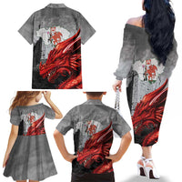 Wales Cardiff Capital Family Matching Off The Shoulder Long Sleeve Dress and Hawaiian Shirt Welsh Red Dragon Castell Caerdydd - Wonder Print Shop