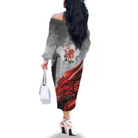 Wales Cardiff Capital Family Matching Off The Shoulder Long Sleeve Dress and Hawaiian Shirt Welsh Red Dragon Castell Caerdydd - Wonder Print Shop