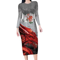 Wales Cardiff Capital Long Sleeve Bodycon Dress Welsh Red Dragon Castell Caerdydd - Wonder Print Shop