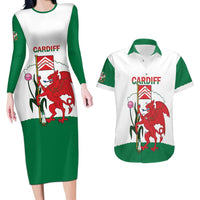 Personalised Wales Cardiff Capital Couples Matching Long Sleeve Bodycon Dress and Hawaiian Shirt Welsh Dragon Glamorgan Flag Style - Wonder Print Shop