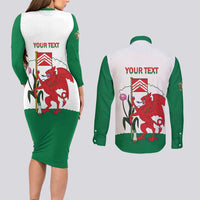 Personalised Wales Cardiff Capital Couples Matching Long Sleeve Bodycon Dress and Long Sleeve Button Shirt Welsh Dragon Glamorgan Flag Style - Wonder Print Shop