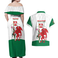 Personalised Wales Cardiff Capital Couples Matching Off Shoulder Maxi Dress and Hawaiian Shirt Welsh Dragon Glamorgan Flag Style - Wonder Print Shop