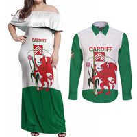 Personalised Wales Cardiff Capital Couples Matching Off Shoulder Maxi Dress and Long Sleeve Button Shirt Welsh Dragon Glamorgan Flag Style - Wonder Print Shop