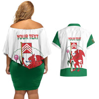 Personalised Wales Cardiff Capital Couples Matching Off Shoulder Short Dress and Hawaiian Shirt Welsh Dragon Glamorgan Flag Style - Wonder Print Shop