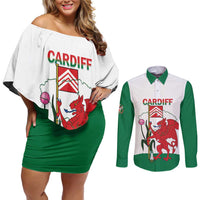 Personalised Wales Cardiff Capital Couples Matching Off Shoulder Short Dress and Long Sleeve Button Shirt Welsh Dragon Glamorgan Flag Style - Wonder Print Shop