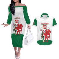 Personalised Wales Cardiff Capital Couples Matching Off The Shoulder Long Sleeve Dress and Hawaiian Shirt Welsh Dragon Glamorgan Flag Style - Wonder Print Shop