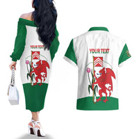 Personalised Wales Cardiff Capital Couples Matching Off The Shoulder Long Sleeve Dress and Hawaiian Shirt Welsh Dragon Glamorgan Flag Style - Wonder Print Shop