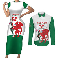 Personalised Wales Cardiff Capital Couples Matching Short Sleeve Bodycon Dress and Long Sleeve Button Shirt Welsh Dragon Glamorgan Flag Style - Wonder Print Shop
