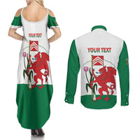 Personalised Wales Cardiff Capital Couples Matching Summer Maxi Dress and Long Sleeve Button Shirt Welsh Dragon Glamorgan Flag Style - Wonder Print Shop