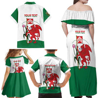 Personalised Wales Cardiff Capital Family Matching Off Shoulder Maxi Dress and Hawaiian Shirt Welsh Dragon Glamorgan Flag Style - Wonder Print Shop