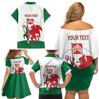 Personalised Wales Cardiff Capital Family Matching Off Shoulder Short Dress and Hawaiian Shirt Welsh Dragon Glamorgan Flag Style - Wonder Print Shop