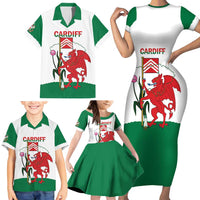 Personalised Wales Cardiff Capital Family Matching Short Sleeve Bodycon Dress and Hawaiian Shirt Welsh Dragon Glamorgan Flag Style - Wonder Print Shop