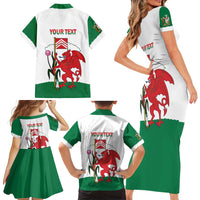 Personalised Wales Cardiff Capital Family Matching Short Sleeve Bodycon Dress and Hawaiian Shirt Welsh Dragon Glamorgan Flag Style - Wonder Print Shop