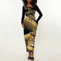 Port-au-Prince Afro-Haitians Long Sleeve Bodycon Dress Ayiti Map Pòtoprens Gold Color - Wonder Print Shop