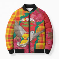 Grenada Independence Day Personalized Bomber Puffer Jacket Tropical Dove Bougainvillea Madras Pattern